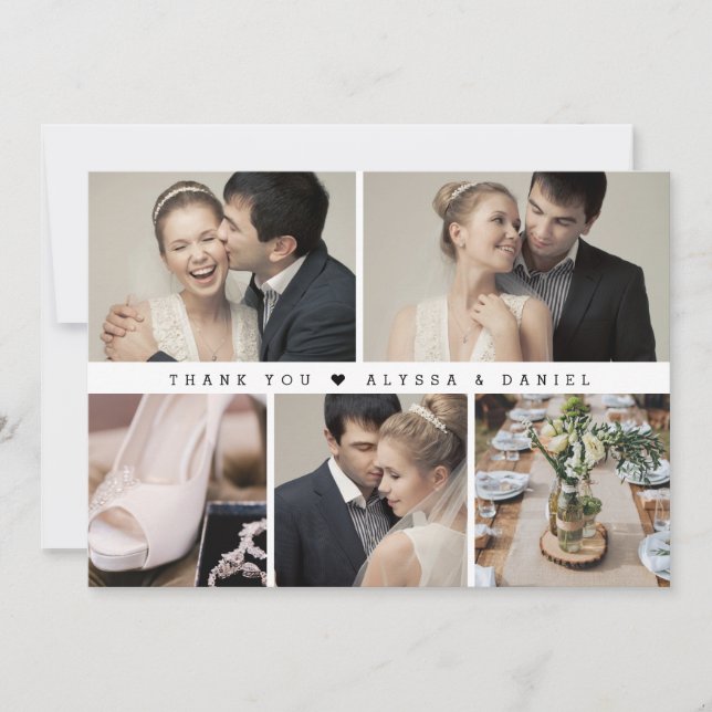 Stylish Black White Chic Wedding Photo Collage  Thank You Card (Front)