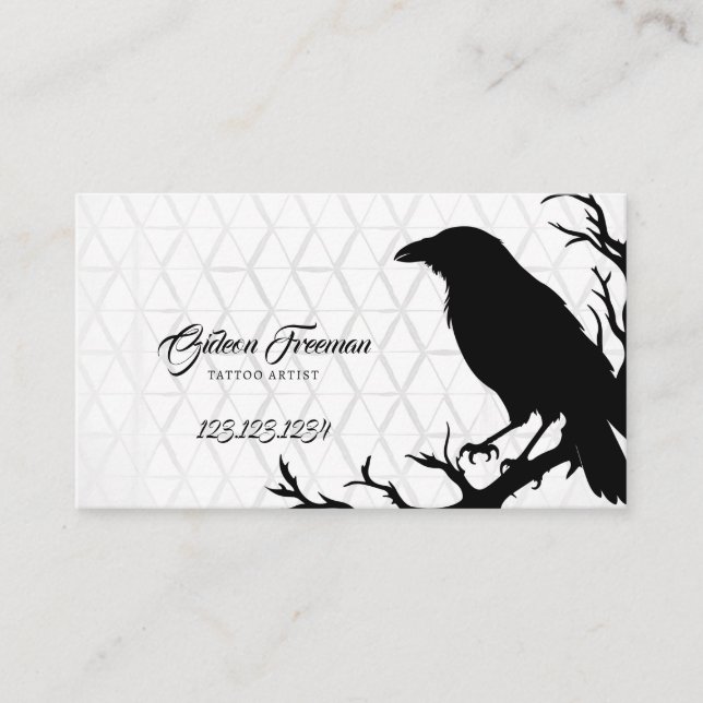Stylish Black & White Crow Tattoo Artist Business Card (Front)