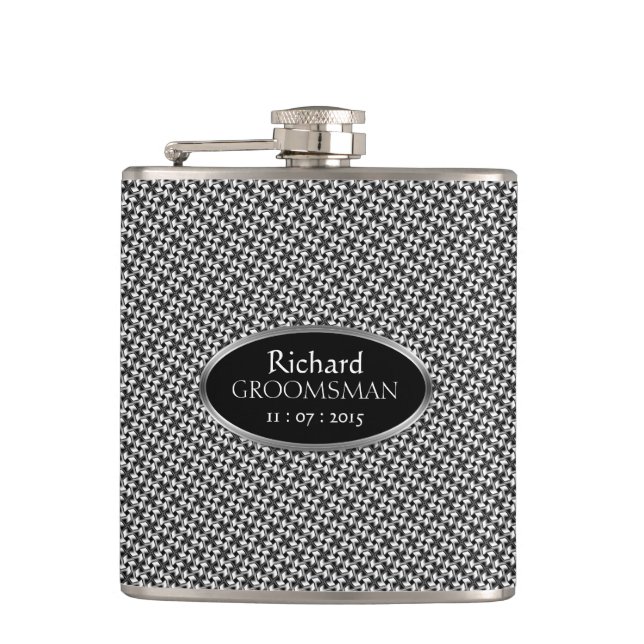 Stylish Black White Custom Design Groomsmen Gift Hip Flask (Front)