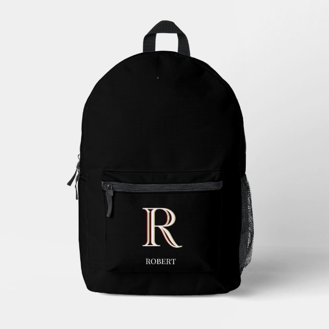 Stylish Black White Custom Monogram Name Printed Backpack (Front)