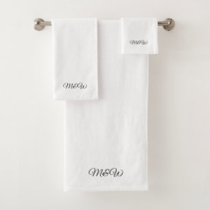 Stylish black white custom script couple monogram bath towel set