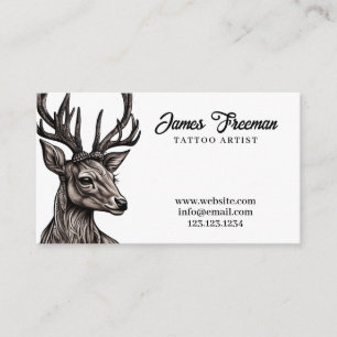 Stylish Black & White Deer Head Tattoo Artist Business Card