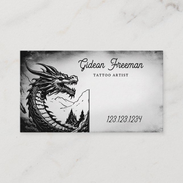 Stylish Black & White Dragon Tattoo Artist Business Card (Front)