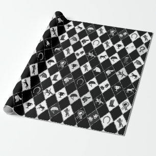 Stylish Black White Equestrian Diamond Pattern Wrapping Paper
