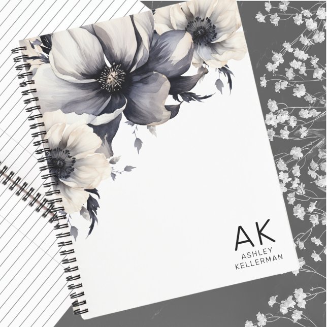 Stylish Black White Floral Monogrammed Notebook (Stylish Boho Black White Floral Monogram Initial Notebook)