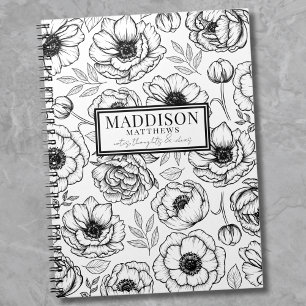 Stylish Black White Floral Personalised Name Notebook