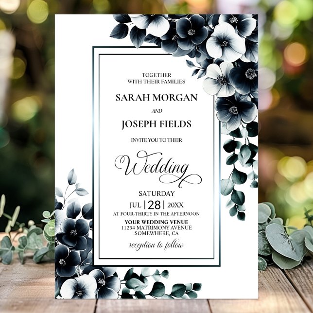 Stylish Black White Floral Wedding Invitation (Creator Uploaded)