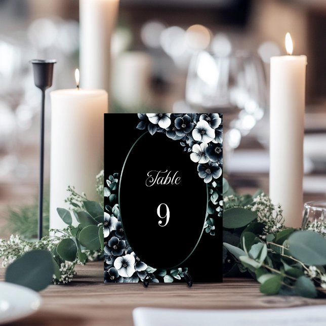 Stylish Black White Floral Wedding Table Number (Creator Uploaded)