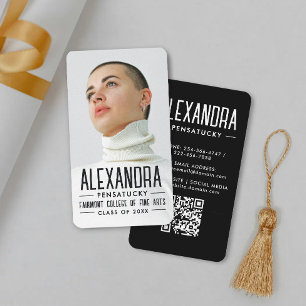 Stylish Black White Graduate Networking Photo QR Business Card