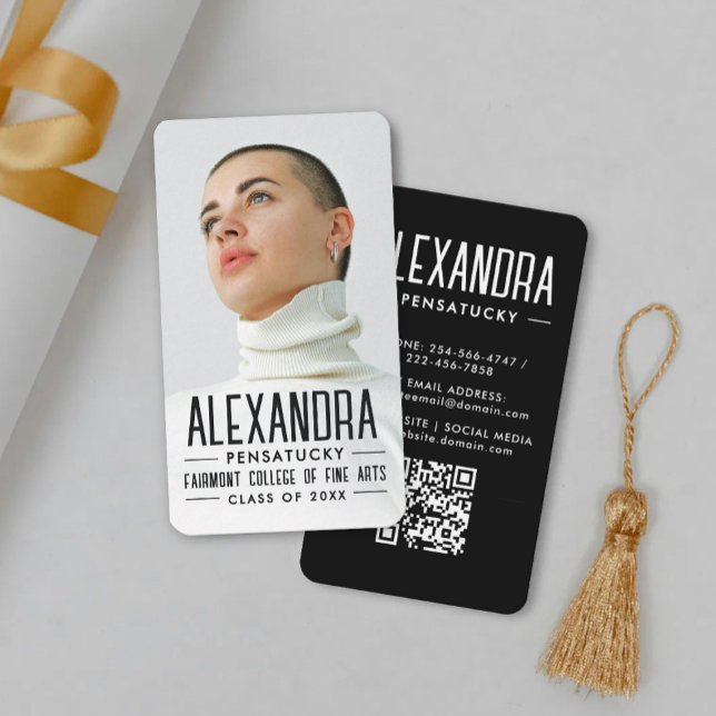 Stylish Black White Graduate Networking Photo QR  Business Card (Creator Uploaded)