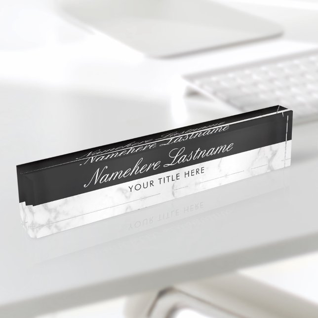 Stylish Black White Grey Marble Elegant Script Nameplate (Creator Uploaded)