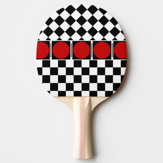 Stylish Black White Half Diamond Checkers red band Ping Pong Paddle (Front)