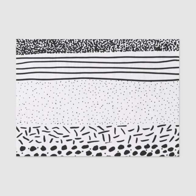 Stylish black white hand drawn polka dots stripes tissue paper (Front)