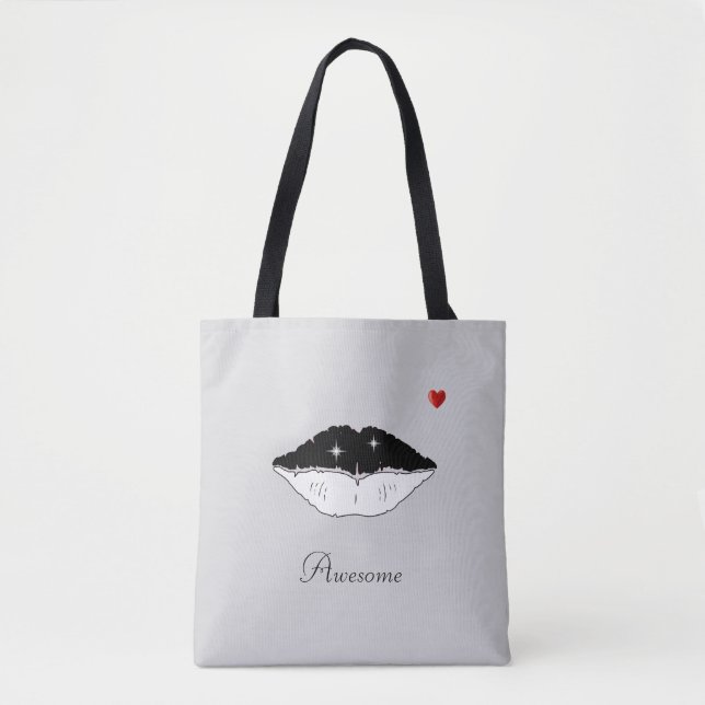 Stylish black & white lips & calligraphy on silver tote bag (Front)