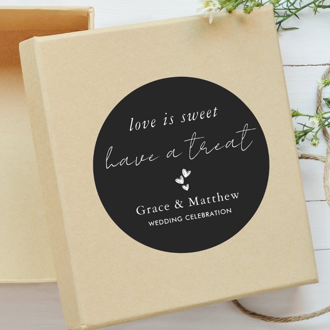 Stylish Black & White Love is Sweet Wedding Favor Classic Round Sticker (Creator Uploaded)
