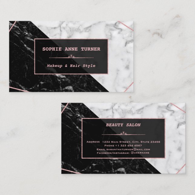 Stylish Black White Marble Rose Gold Makeup Artist Business Card (Front/Back)