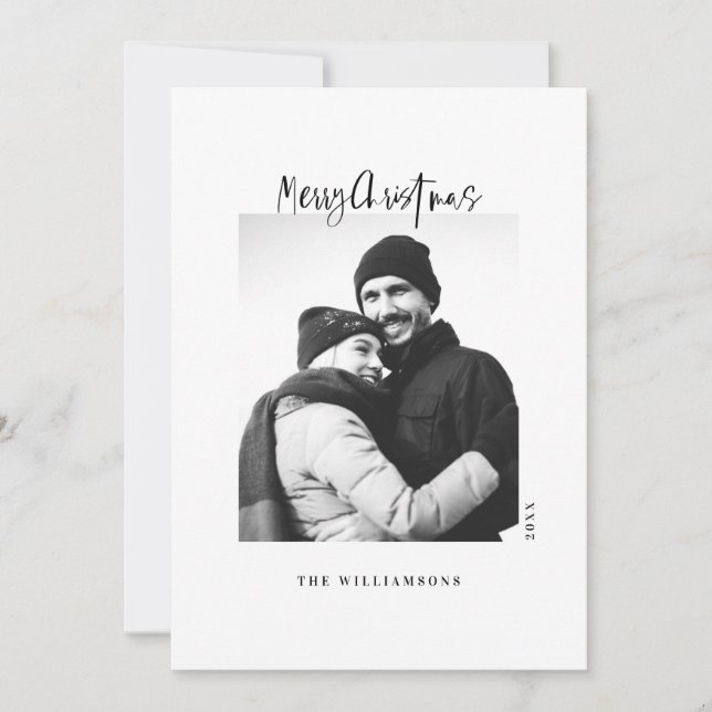Stylish Black & White Minimalist Christmas Photo Holiday Card (Front)