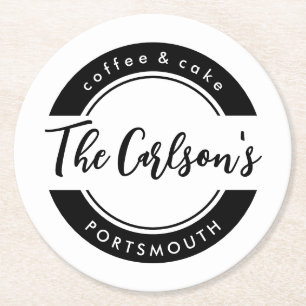 Stylish Black White Modern Calligraphy Business Round Paper Coaster