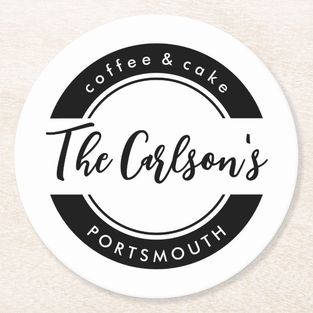 Stylish Black White Modern Calligraphy Business Round Paper Coaster (Front)