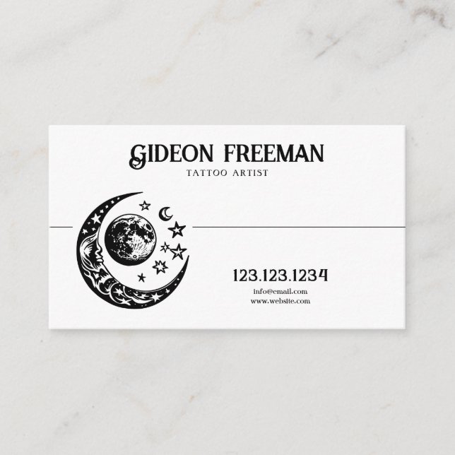 Stylish Black & White Moon Stars Tattoo Artist Business Card (Front)