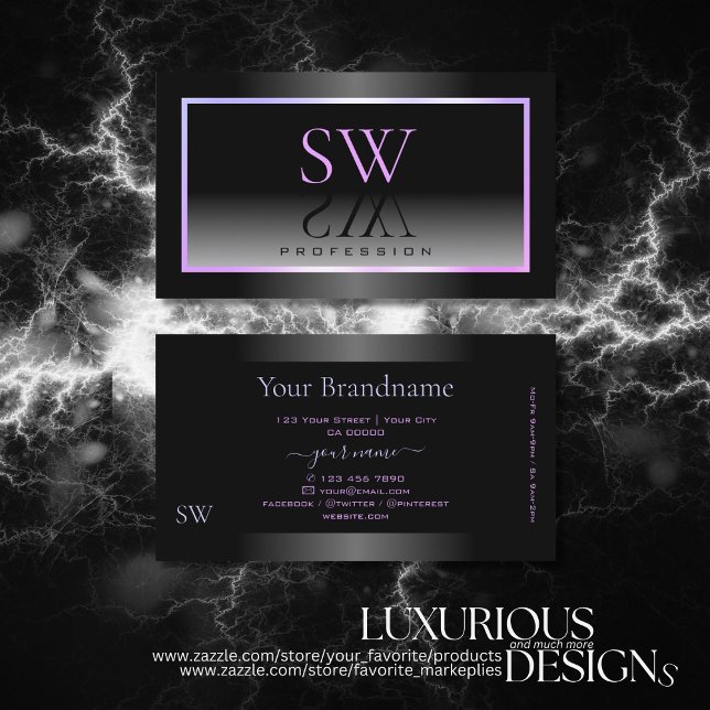 Stylish Black White Ombre Blue Pink Frame Monogram Business Card (Creator Uploaded)