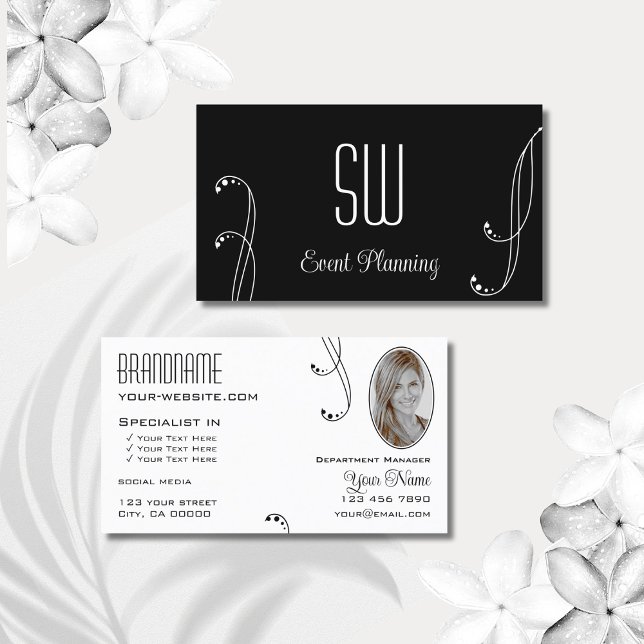 Stylish Black White Ornate with Monogram and Photo Business Card (Creator Uploaded)