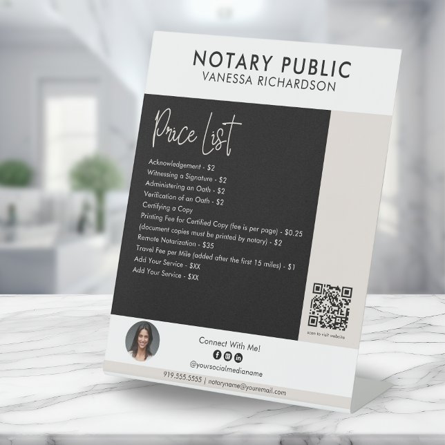Stylish Black White Photo QR Notary Price List Pedestal Sign (Creator Uploaded)