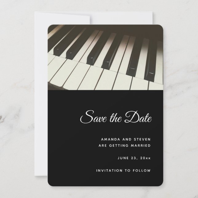 Stylish Black & White Piano Keys Photograph Save The Date (Front)