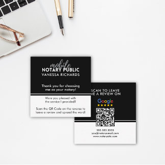 Stylish Black & White Review QR Notary Thank You  Square Business Card