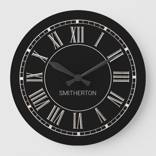 Stylish Black White Roman Numerals Name Large Clock (Front)