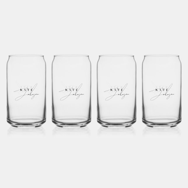 Stylish Black White Signature Script Monogram Can Glass (Front)