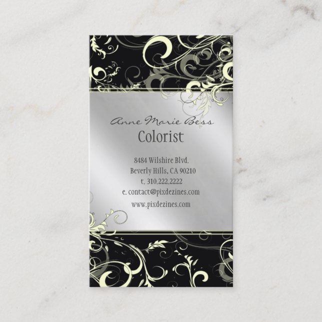 Stylish black white silver + tone  business cards (Front)