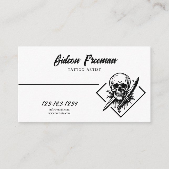 Stylish Black & White Skull Knives Tattoo Artist Business Card (Front)