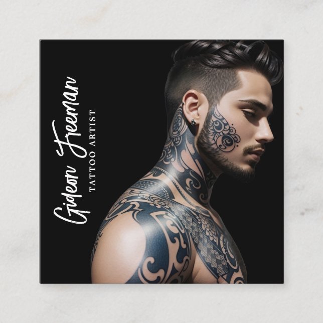 Stylish Black & White Tattooed Man Tattoo Artist Square Business Card (Front)