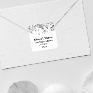 Stylish Black & White Watercolor Floral Address Square Sticker