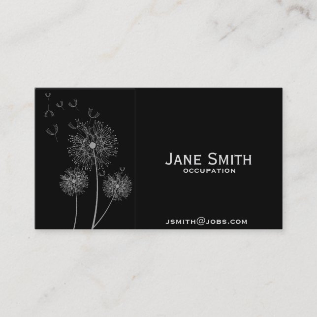Stylish black with grey dandelion professional business card (Front)