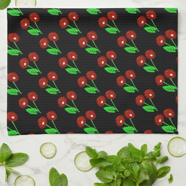 Stylish Black With Red Cherries Tea Towel (Folded)