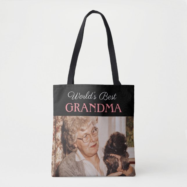 Stylish Black World’s Best Grandma Custom Photo Tote Bag (Front)