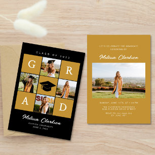 Stylish Black & Yellow 4 GRAD Photos Graduation Invitation