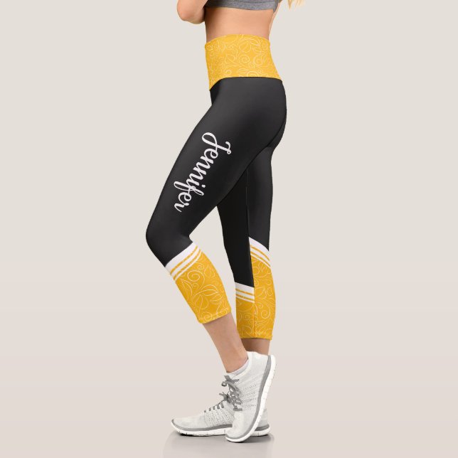 Stylish black yellow floral white stripes and name capri leggings (Left)