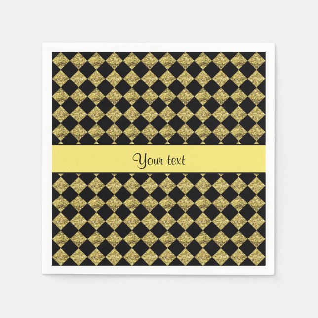 Stylish Black & Yellow Glitter Checkers Napkin (Front)
