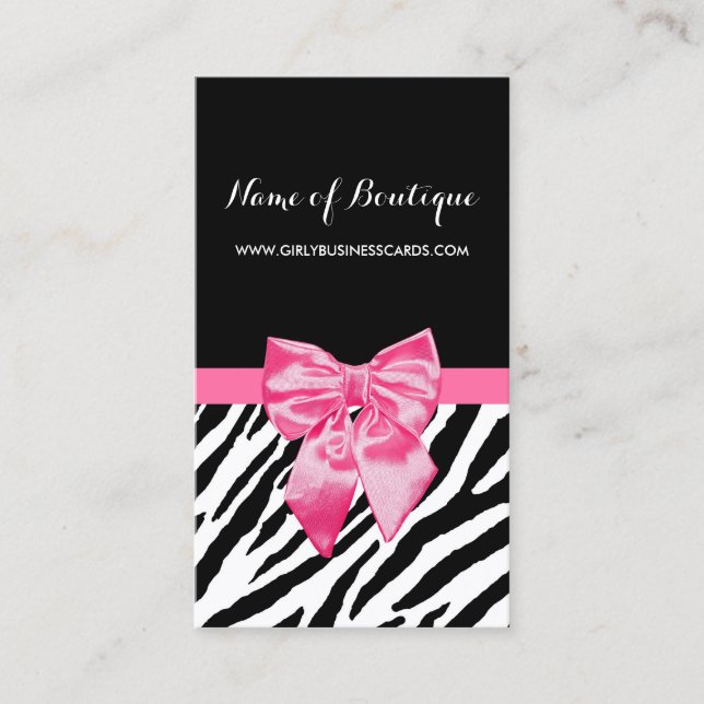 Stylish Black Zebra Print Girly Hot Pink Ribbon Business Card (Front)