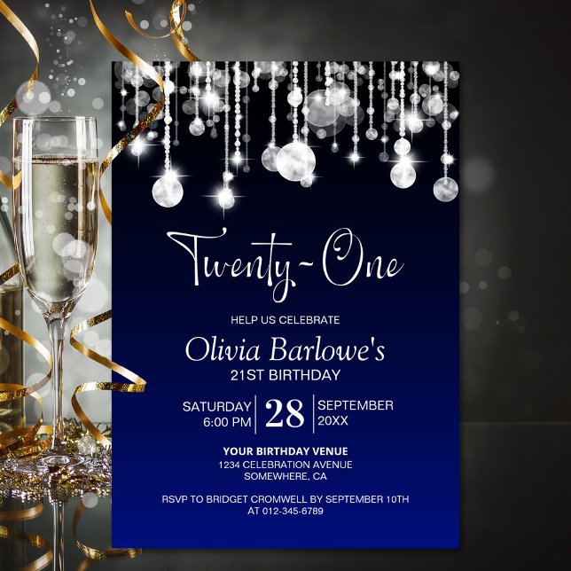 Stylish Blue 21st Birthday Party Invitation (Creator Uploaded)