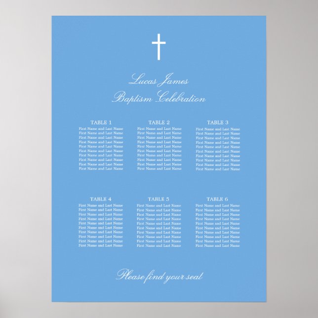 Stylish Blue 6 Table Baptism Seating Chart Poster (Front)