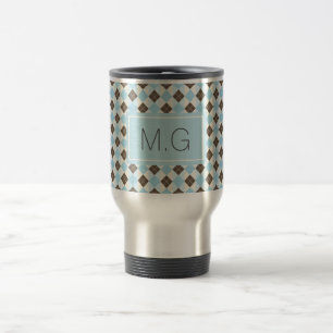 Stylish Blue and Brown Argyle Pattern Monogram Travel Mug