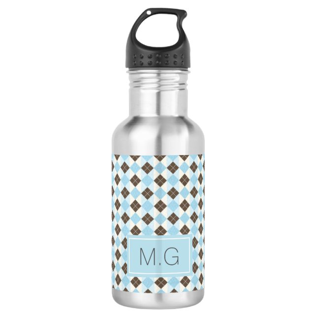 Stylish Blue and Brown Personalised Argyle Pattern 532 Ml Water Bottle (Front)