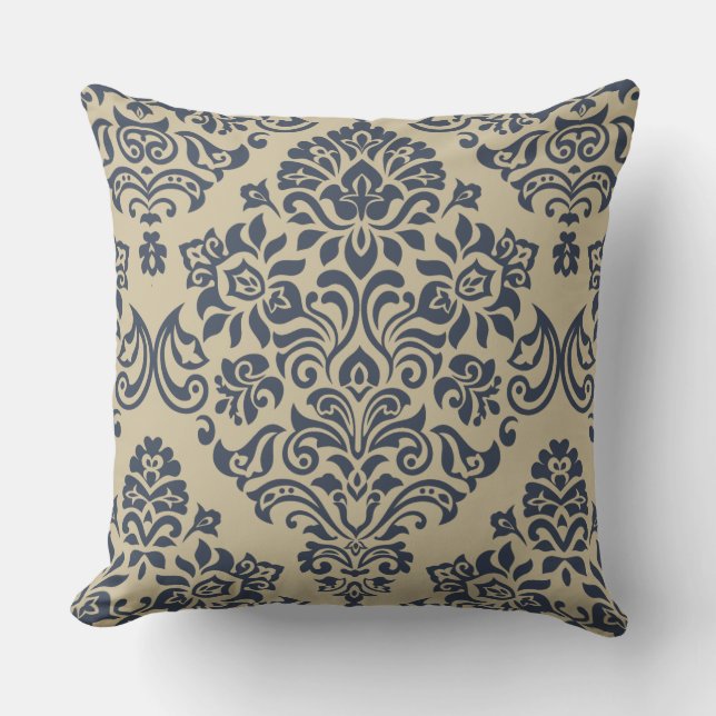 Stylish Blue and Cream Damask Pattern Cushion (Front)