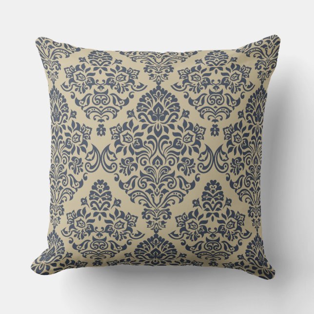 Stylish Blue and Cream Damask Pattern Cushion (Front)