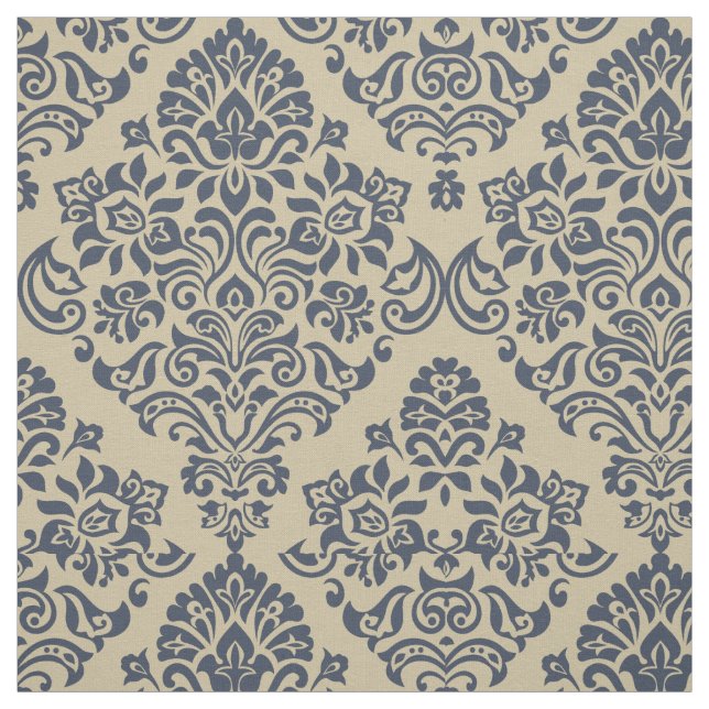 Stylish Blue and Cream Seamless Damask Pattern Fabric (Swatch)
