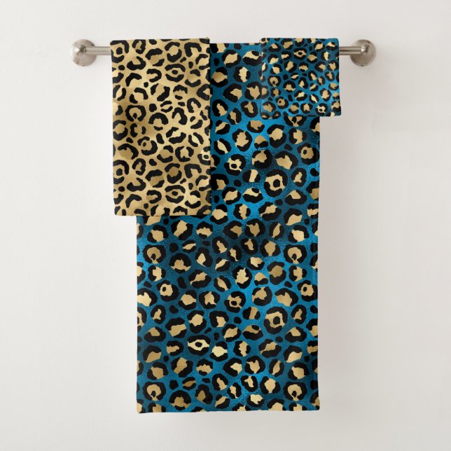 Stylish Blue and Gold Foil Leopard Spots Bath Towel Set (Insitu)